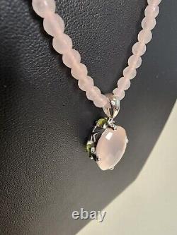 14k White Gold Faceted Rose Quartz Peridot Necklace With Pendant SF Signed