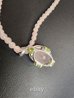 14k White Gold Faceted Rose Quartz Peridot Necklace With Pendant SF Signed