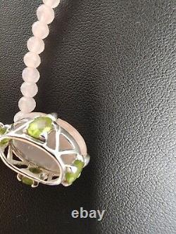 14k White Gold Faceted Rose Quartz Peridot Necklace With Pendant SF Signed