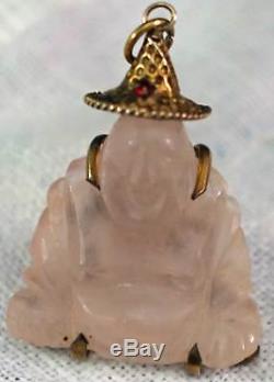14k Yellow Gold & Carved Rose Quartz Lucky Buddha Pendant w Ruby Filigree Hat