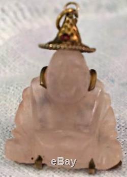 14k Yellow Gold & Carved Rose Quartz Lucky Buddha Pendant w Ruby Filigree Hat