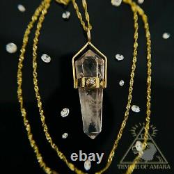 14k Yellow Gold Rose Quartz Crystal Necklace Diamond Necklace Wife Girlfriend