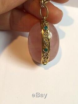 14k gold Double Link Charm Bracelet Rose Quartz Pendant 18k gold Halo Emeralds