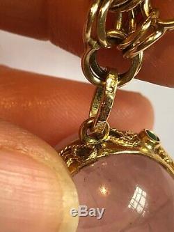 14k gold Double Link Charm Bracelet Rose Quartz Pendant 18k gold Halo Emeralds