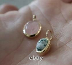 14kt Yellow Gold Carved Scarb Pendant/Charms Rose Quartz and Moss Agate
