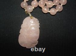 14kt gold pink quartz carved pendant necklace 88.5g
