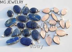 150 Pcs Lot Lapis Lazuli Rose Quartz Gemstone 925 Silver Plated Pendants MFA522