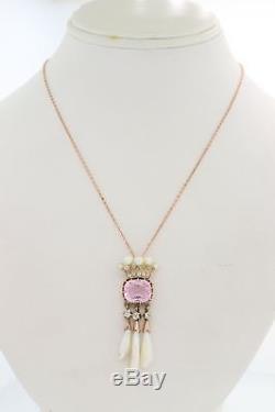 1880s Antique Victorian 14k Gold Rose Quartz Pearl Diamond Pendant Necklace Y8