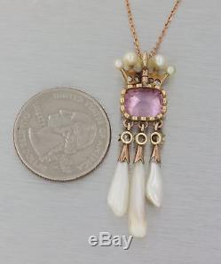 1880s Antique Victorian 14k Gold Rose Quartz Pearl Diamond Pendant Necklace Y8