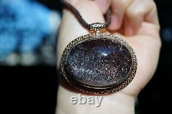 18K Rose Gold Genuine Oval Strawberry Quartz Statement Pendant With Brown Cord