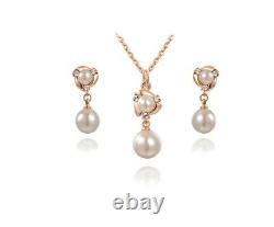 18K Rose Gold Pearl Necklace And Earrings Set with Swarovski Crystals