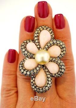 18K White Gold Color Diamond Pearl Rose Quartz HUGE XHEAVY Flower Pendant Brooch