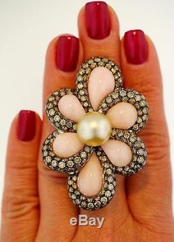 18K White Gold Color Diamond Pearl Rose Quartz HUGE XHEAVY Flower Pendant Brooch