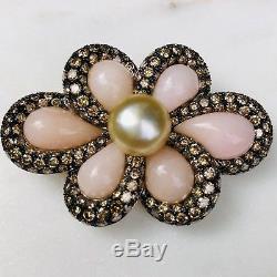 18K White Gold Fancy Diamond Pearl Rose Quartz HUGE Flower Pendant Pin Brooch