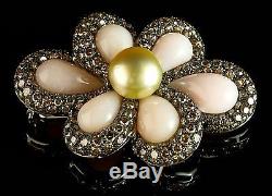 18K White Gold Fancy Diamond Pearl Rose Quartz HUGE Flower Pendant Pin Brooch