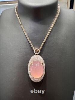 18ct Rose Gold Large Rose Quartz & Diamond Pendant Necklace with Valuation Cert