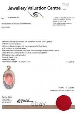 18ct Rose Gold Large Rose Quartz & Diamond Pendant Necklace with Valuation Cert