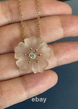 18ct Yellow Gold Solitaire Diamond Necklace Rose Quartz Carved Flower Pendant 7g
