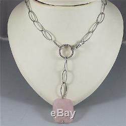 18k 750 White Gold Necklace, With Rose Quartz Pendant, Made In Italy
