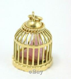 18k Gold Charm Pendant, Birdcage withRose Quartz Canary Bird. Mid-Century