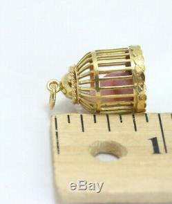 18k Gold Charm Pendant, Birdcage withRose Quartz Canary Bird. Mid-Century
