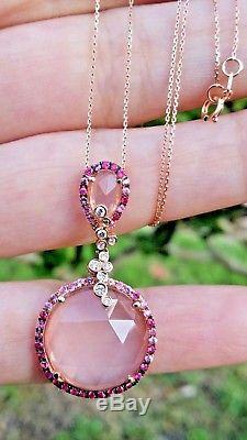 18k Rose Gold Natural Rose Quartz Diamond Multi Color Sapphire Necklace