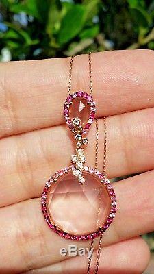 18k Rose Gold Natural Rose Quartz Diamond Multi Color Sapphire Necklace