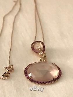 18k Rose Gold, Natural Rose Quartz, Diamond, Ruby & Pink Sapphire Necklace, 18