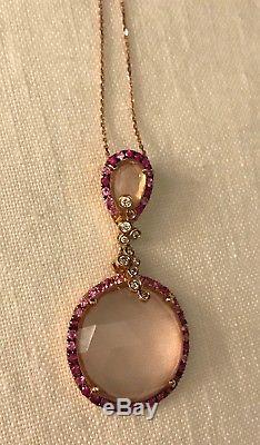 18k Rose Gold, Natural Rose Quartz, Diamond, Ruby & Pink Sapphire Necklace, 18