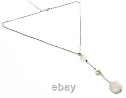 18k White Gold Lariat Necklace Heart Square Rose Quartz Pearl Pendant, Venetian