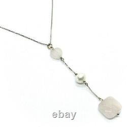 18k White Gold Lariat Necklace Heart Square Rose Quartz Pearl Pendant, Venetian