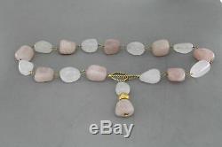 18k Yellow GOLD Natural ROSE QUARTZ and ROCK CRYSTAL Bead Pendant Necklace Stone