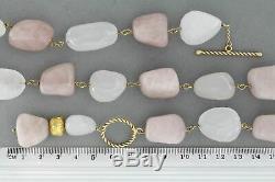 18k Yellow GOLD Natural ROSE QUARTZ and ROCK CRYSTAL Bead Pendant Necklace Stone