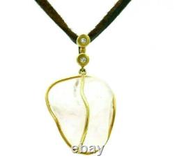 18k Yellow Gold Leather Rose Quartz Diamond Pendant Necklace