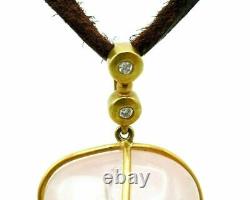 18k Yellow Gold Leather Rose Quartz Diamond Pendant Necklace