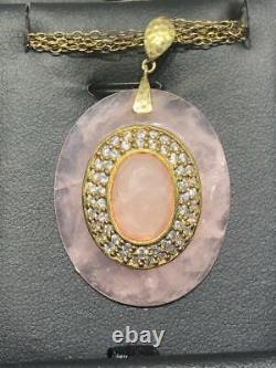 18k Yellow Gold Sterling Silver White Sapphire Rose Quartz Large Halo Necklace