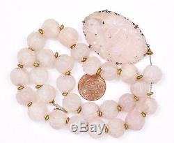 1930's Chinese Sterling Silver Rose Quartz Carved Carving Pendant Bead Necklace