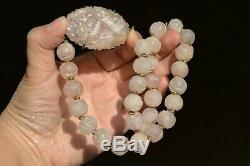 1930's Chinese Sterling Silver Rose Quartz Carved Carving Pendant Bead Necklace