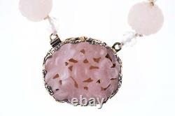 1940's Art Deco Chinese Silver Mounted Rose Quartz Necklace