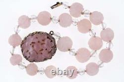 1940's Art Deco Chinese Silver Mounted Rose Quartz Necklace