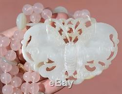 19C Chinese Russet Jade Carved Plaque Pendant Rose Quartz Bead Ring Necklace