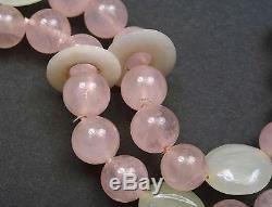 19C Chinese Russet Jade Carved Plaque Pendant Rose Quartz Bead Ring Necklace