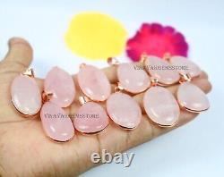 20 PCs Lot Natural Pink Rose Quartz Gemstone rose Gold Plated Pendant Jewellery