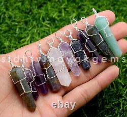 200 PCs. Lot Multi Gemstone 925 Silver Plated Pencil Wire Wrapping Pendant SH-19
