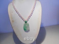 23mm x30mm carved jade pendant/rose quartz necklace/ silver clasp