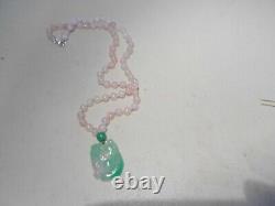 23mm x30mm carved jade pendant/rose quartz necklace/ silver clasp