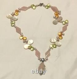 24 Rose Quartz, Mother Of Pearl And Freshwater Pearl 925. Necklace & Pendant