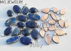 250 Pcs Lot Lapis Lazuli Rose Quartz Gemstone 925 Silver Plated Pendants UF524