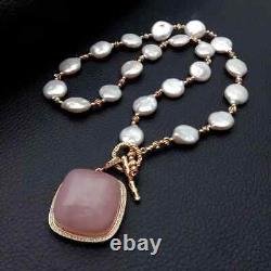 29mm Rose Quartz Square Pendant 19.5 12MM Cultured White Coin Pearl Necklace