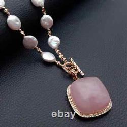 29mm Rose Quartz Square Pendant 19.5 12MM Cultured White Coin Pearl Necklace